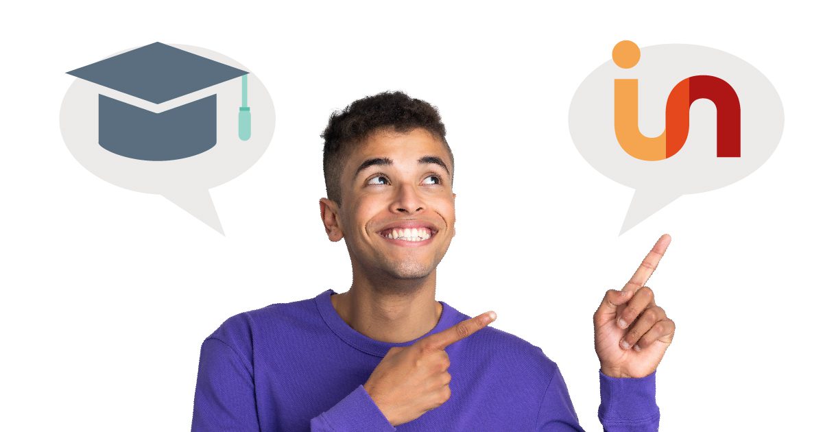 Choosing-Apprenticeships Smiling man pointing at Ginger Nut logo to his right, with an academic cap on his left, indicating his choice for Ginger Nut over University