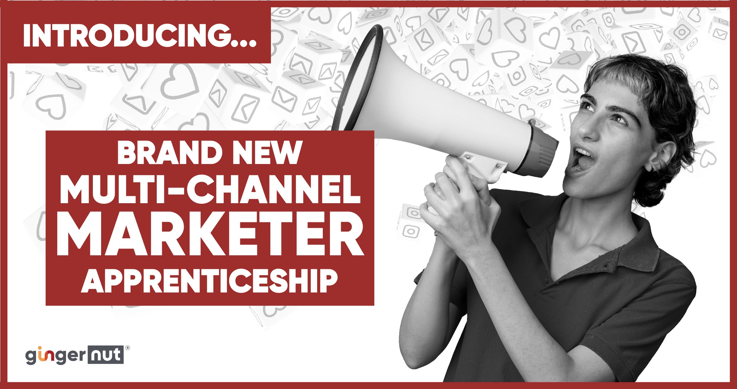 Blog Post Multi-Channel-Marketer Smiling man pointing at Ginger Nut logo to his right, with an academic cap on his left, indicating his choice for Ginger Nut over University